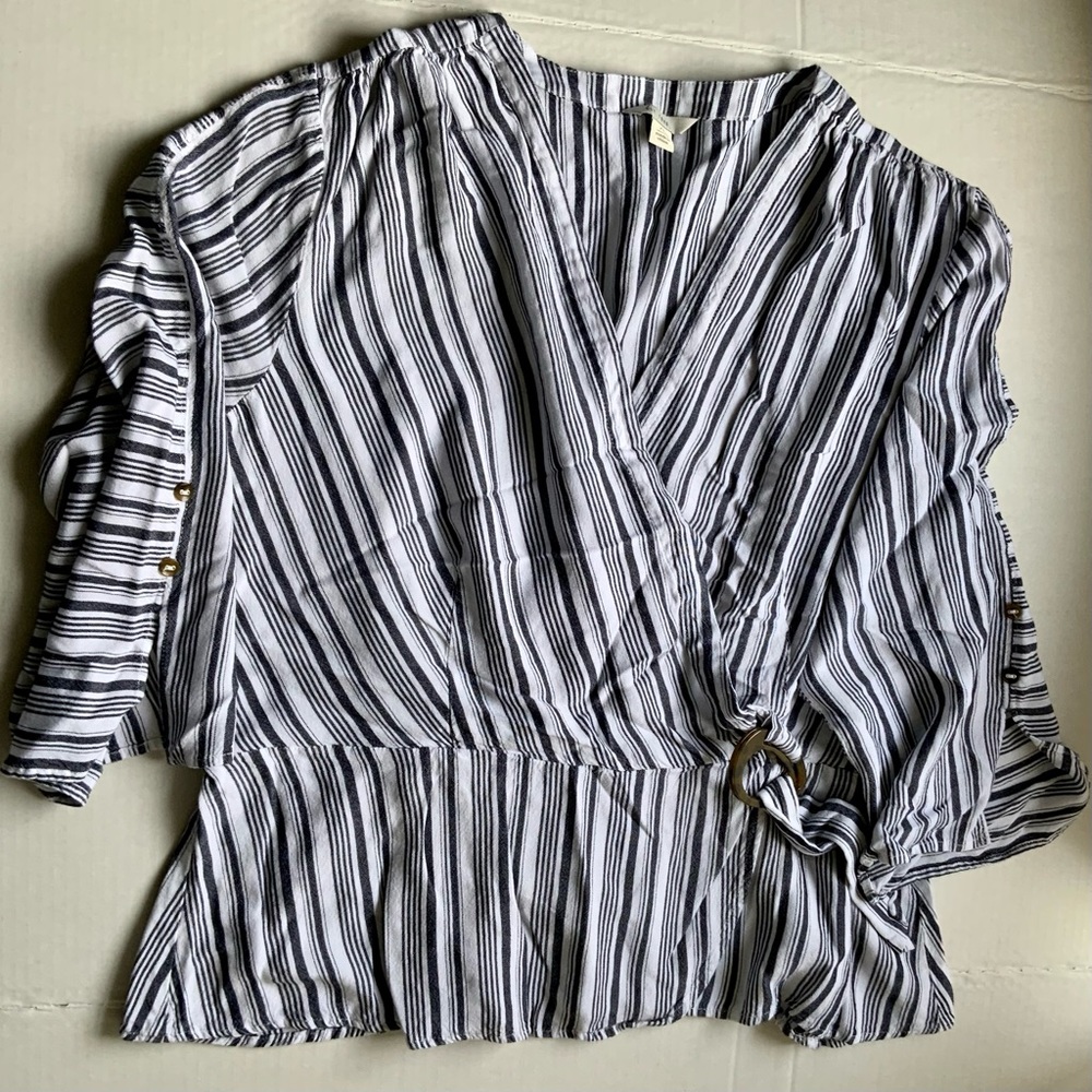 Flowy Peplum Top, Black & White, Stripes, Size XL, Boho, Casual, Office
